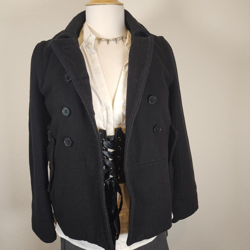 Black Wool Blend Peacoat Jacket Double Breasted Short Coat Warm Outerwear